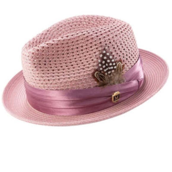 ROSE Solid Color Pinch Braided Fedora With Matching Satin Ribbon Hat H-34